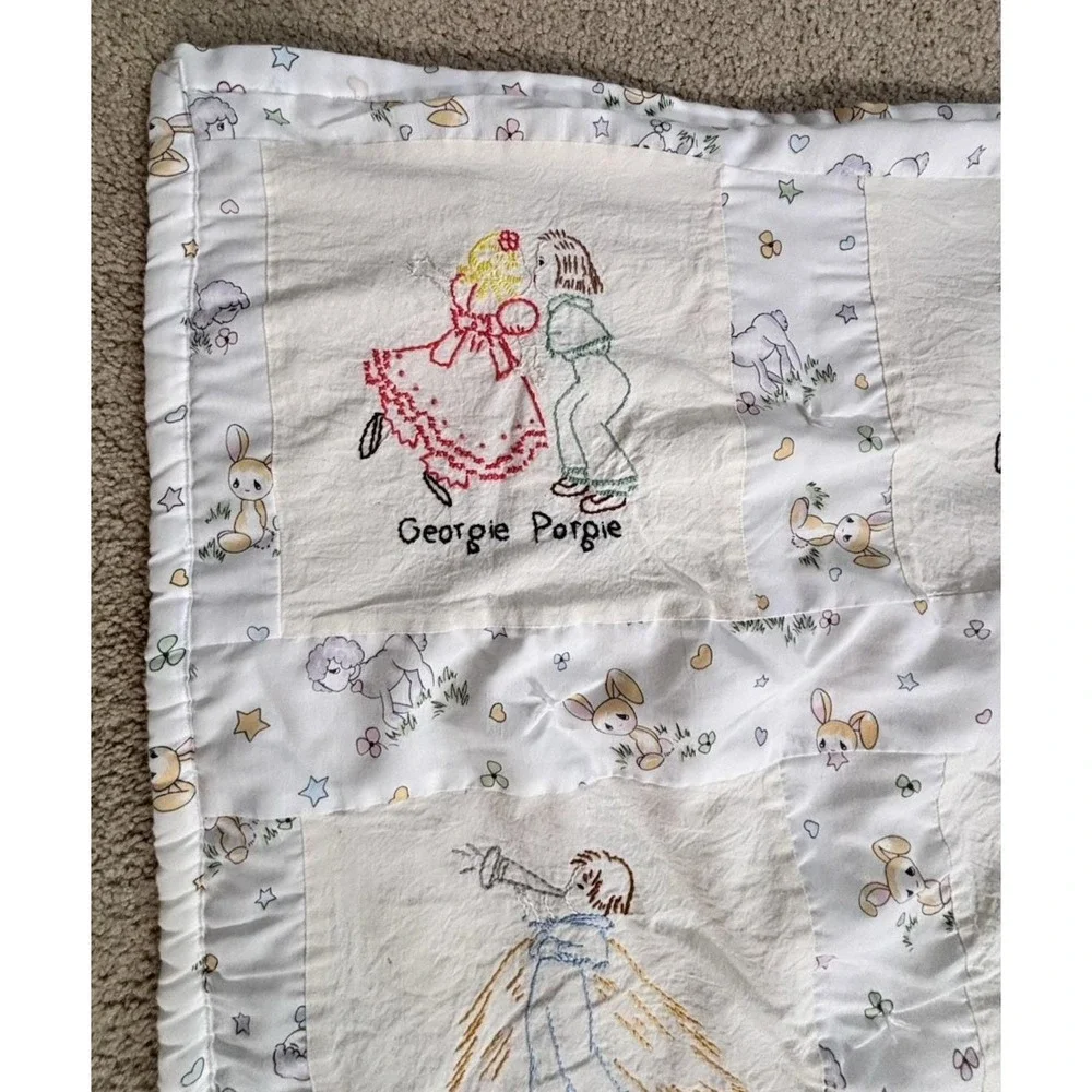 Adorable Vintage Crib Child Quilt NURSERY RHYMES 12 Hand Embroidered Squares